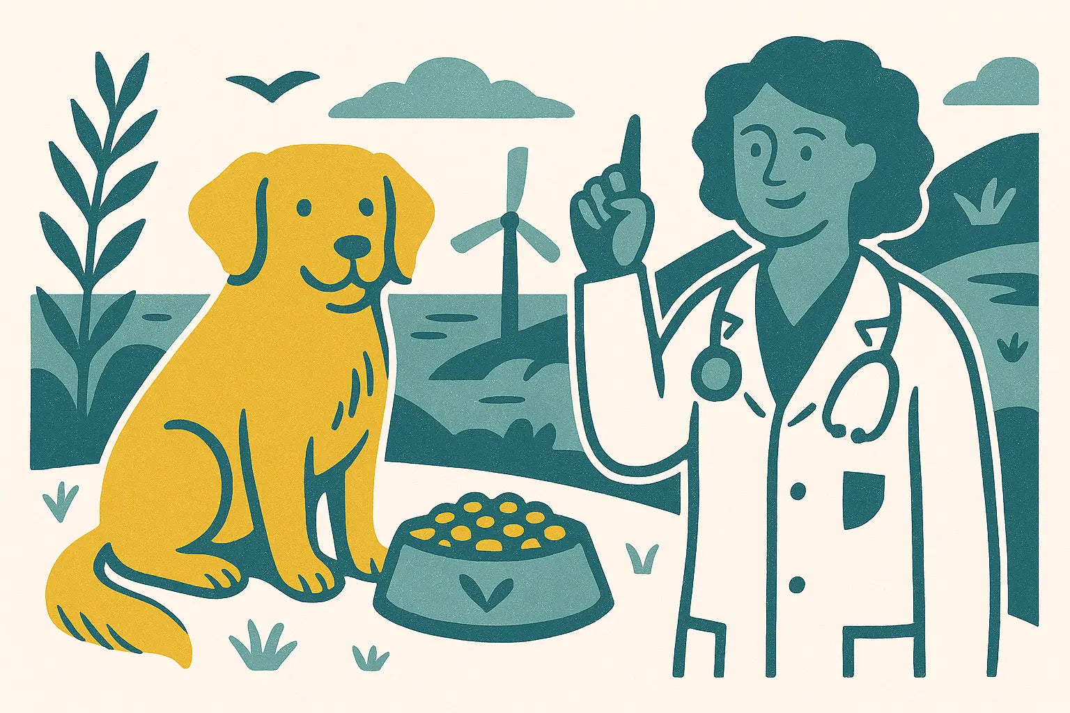 Aflora Grain Free yellow ceramic dog bowl with green leaves, vet tips.