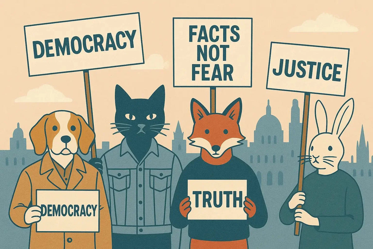 Fox mask with orange fur and black markings in brown sweater, Quiet Observations.