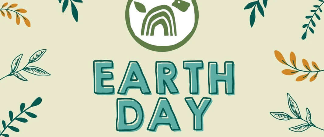 Earth Day poster with green and brown leaf illustrations for pet owners