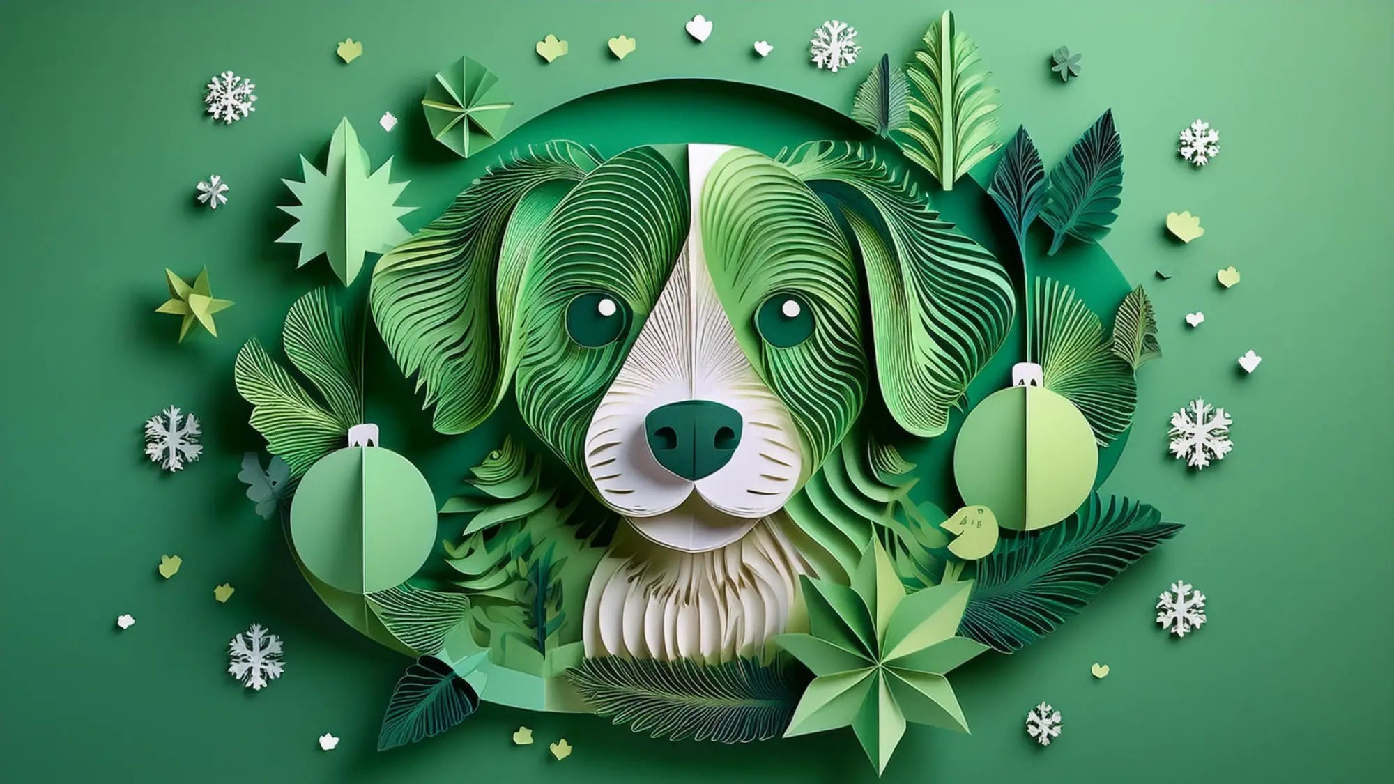 Eco-friendly paper cutout dog portrait in green and white for Green Friday at Pets Larder