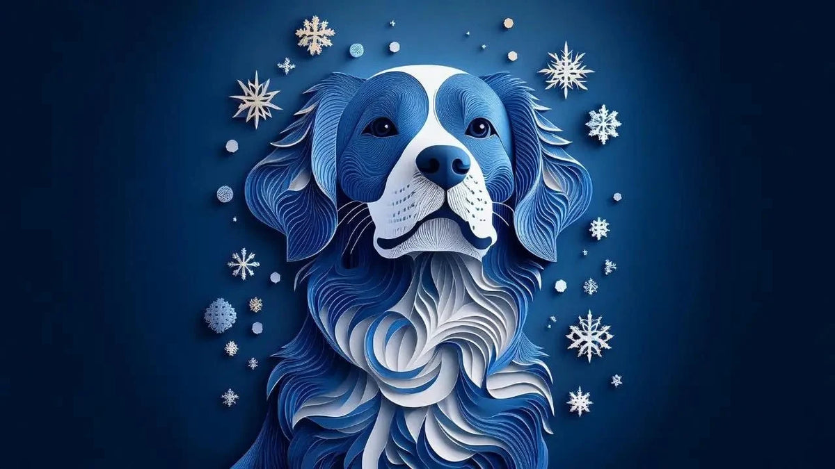 Blue and white dog art print with snowflakes and natural dog chews