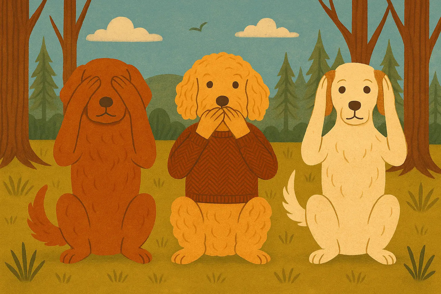 Three dogs in forest: brown, tan with white, cream with pink ears, gently tune in