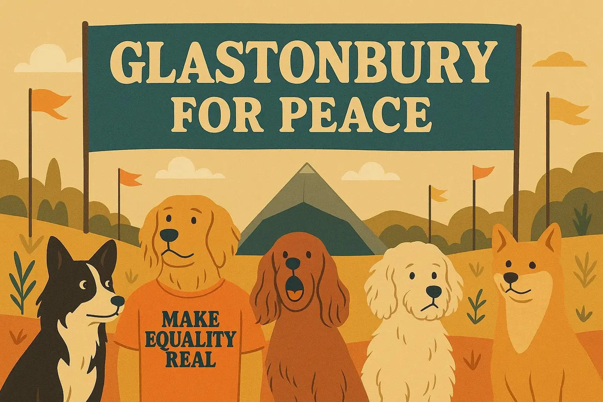 Beige dog-themed tote bag with green banner in Massive Attack article