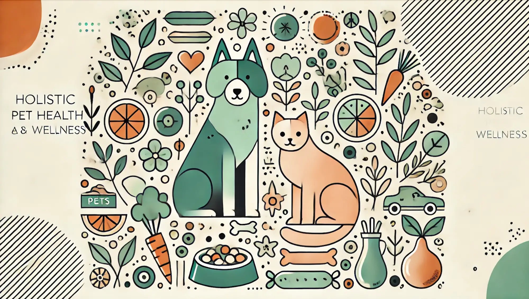 Holistic pet care: Green and orange dog with food bowl, bone, and plants