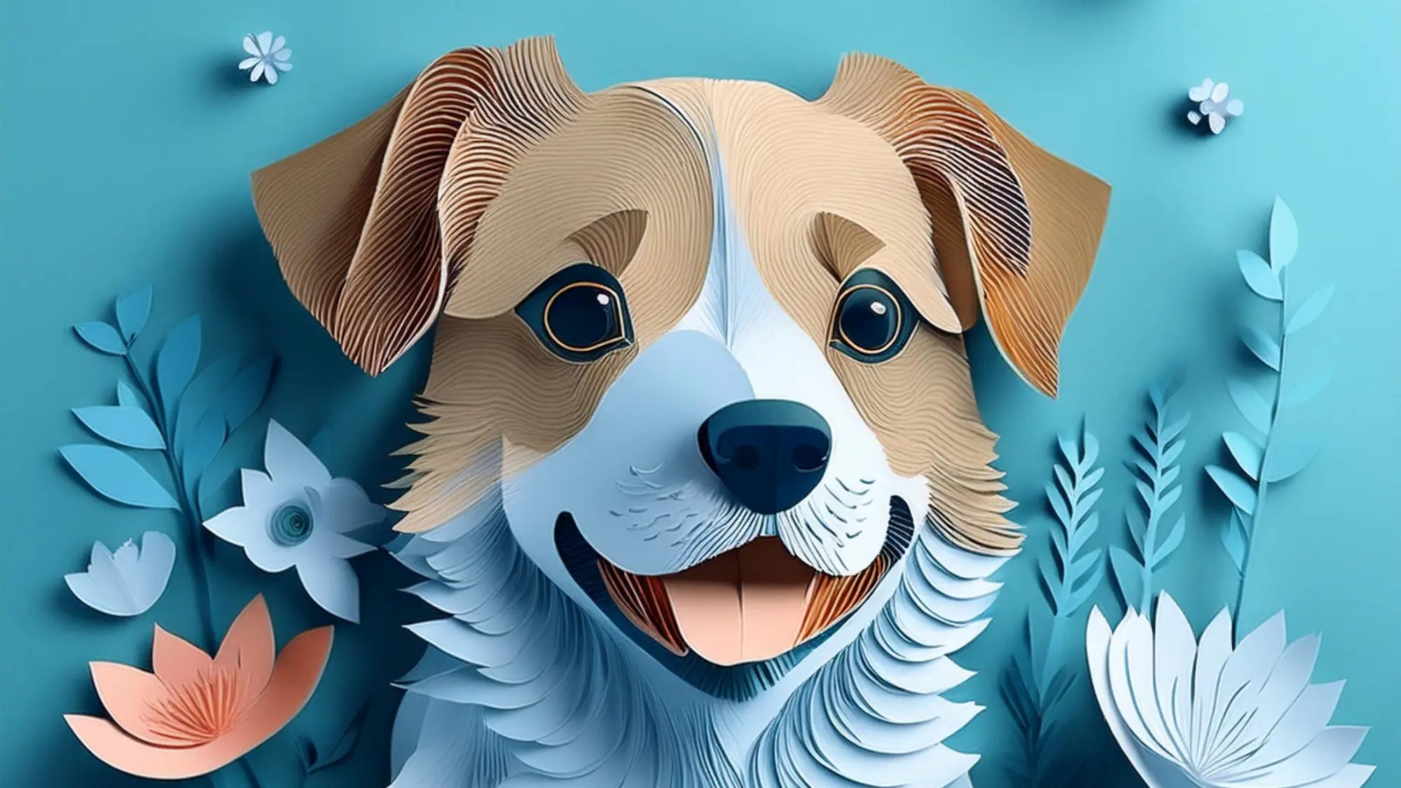 Paper cutout dog portrait with brown and white fur for low fat dog treats