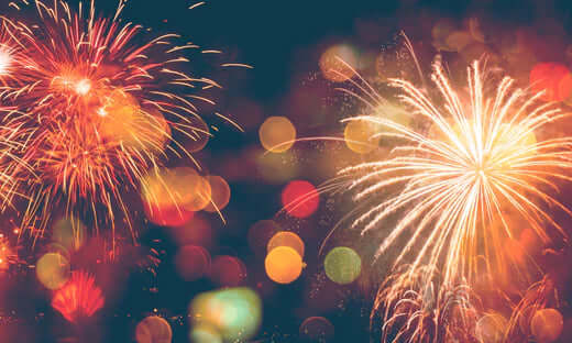 Vibrant red, orange, and yellow fireworks in season, safe for pets.