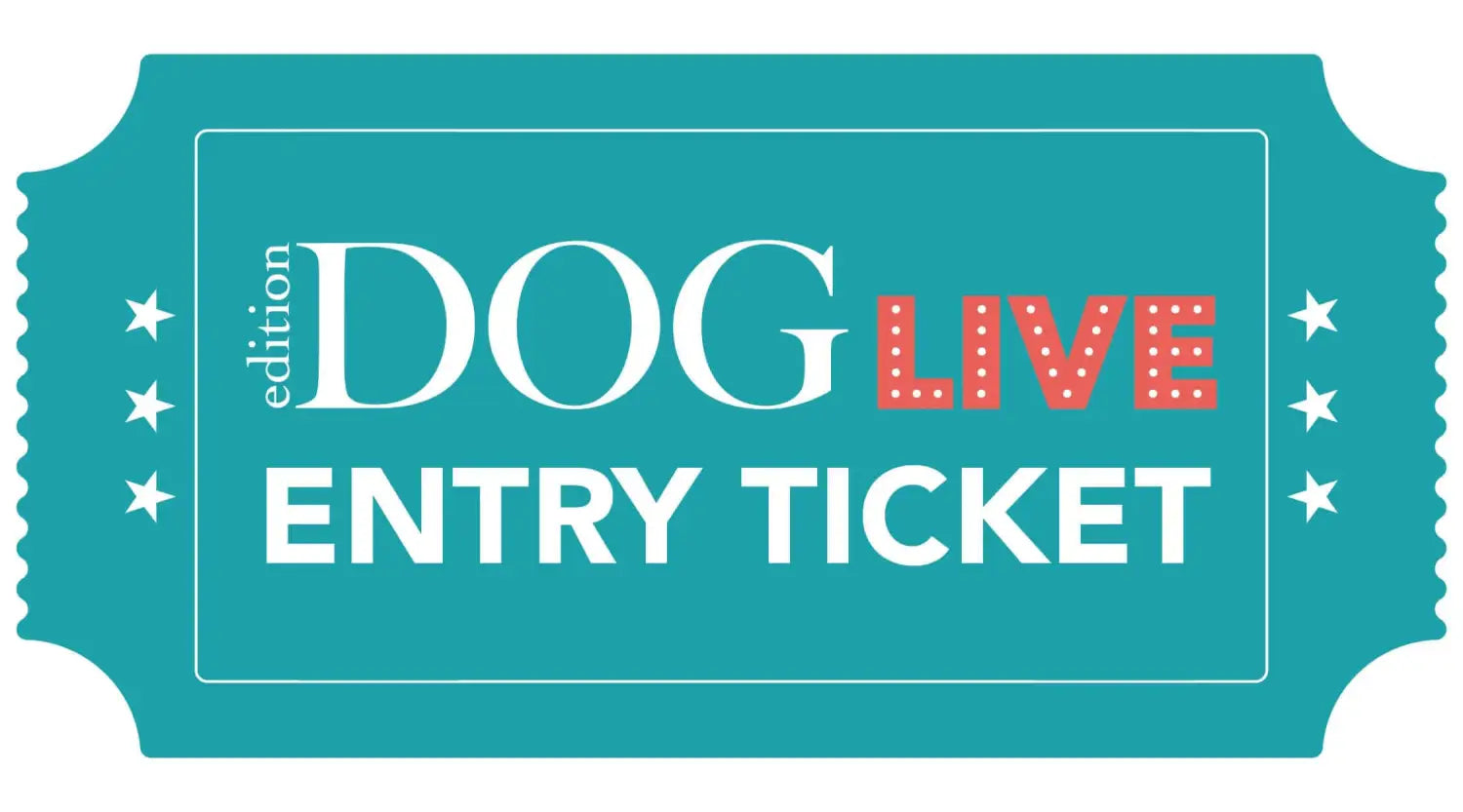 Teal Natural Cornish Pet ticket with white stars and Dog Live in red at Edition Dog Live 2023