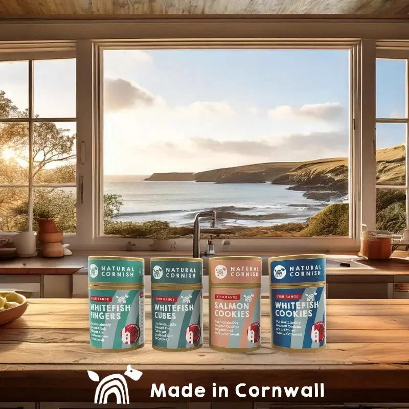 Natural Cornish Range compostable fish snack canister set