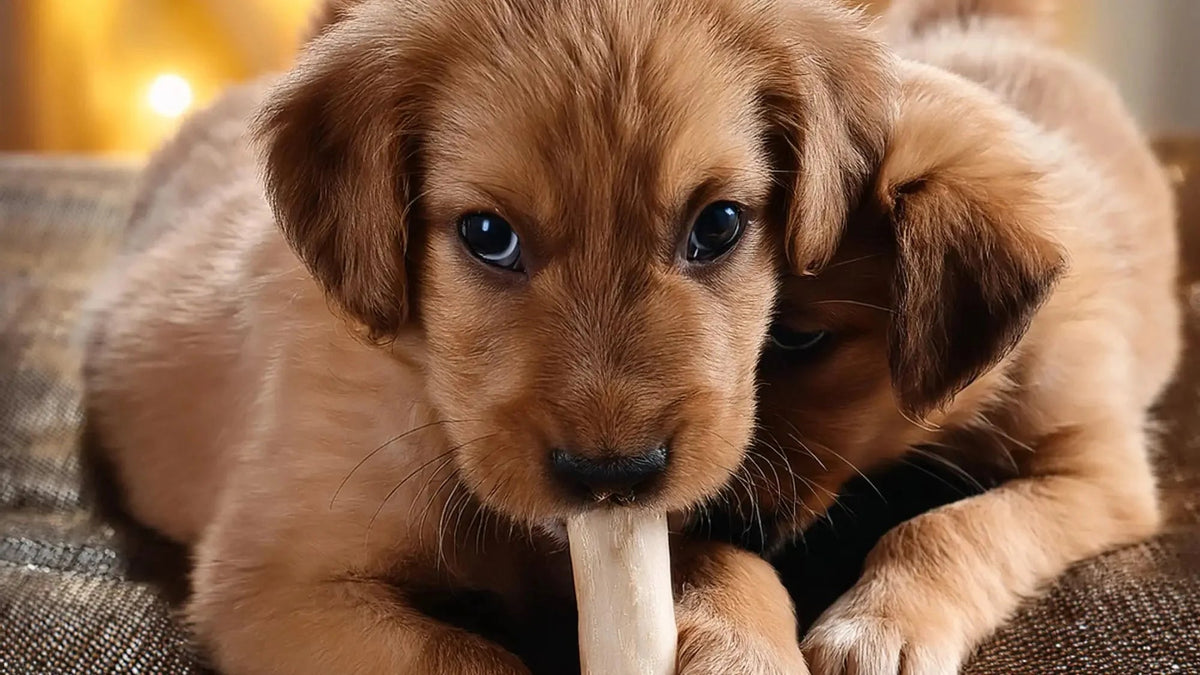 Golden retriever puppy enjoying best puppy chews with white bone toy