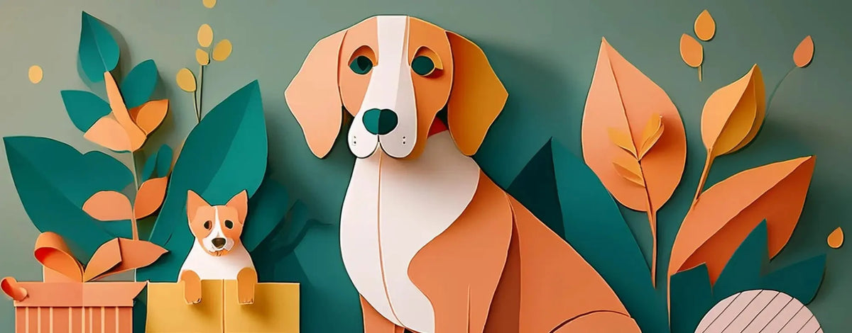 Festive paper cutout dog with brown and white fur, green eyes, and collar near Christmas tree.