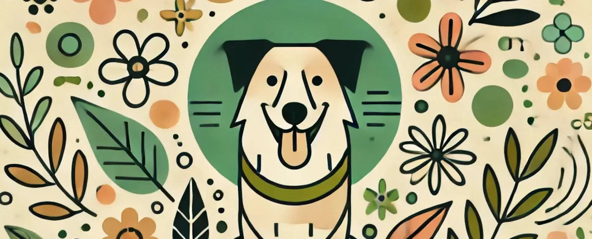 Dog with green collar in floral setting for natural wellness routine