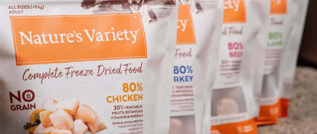 Natures Variety freeze dried chicken dog food bag, grain-free.