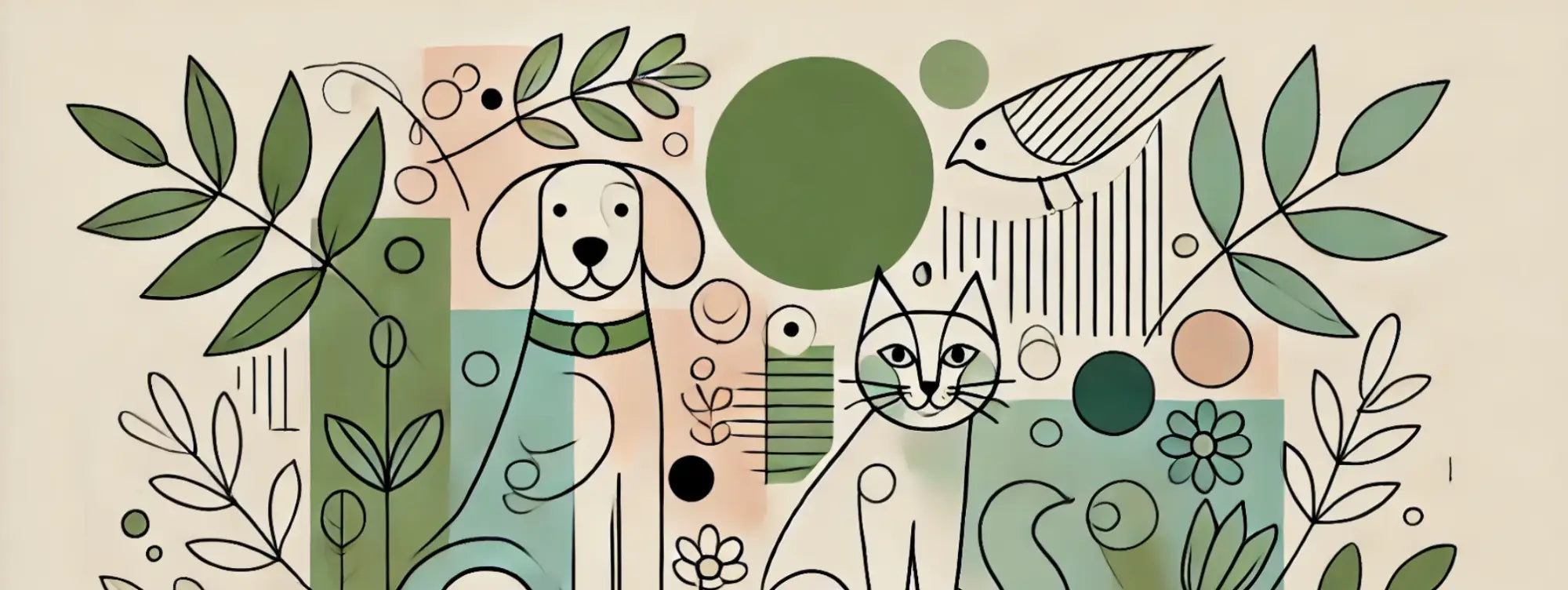 Eco-friendly green and white cat illustration with floral patterns, reducing pet’s carbon pawprint