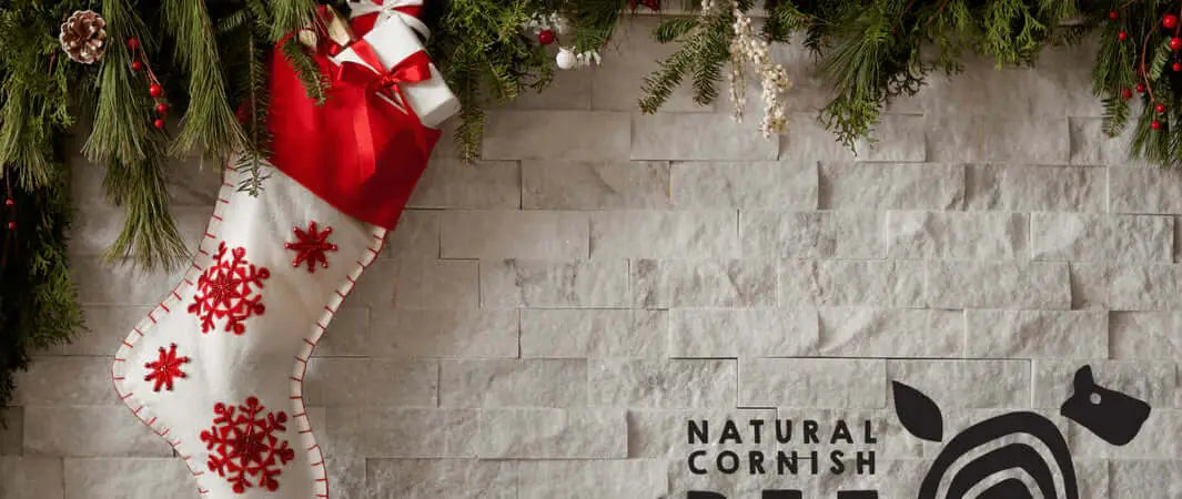 Red and white snowflake Christmas stocking with green trim for vegetarian dog treats