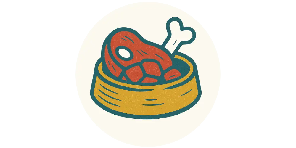 Yellow dog bowl with red meat and white bone design from Natures Menu Frozen Raw Dog Food collection