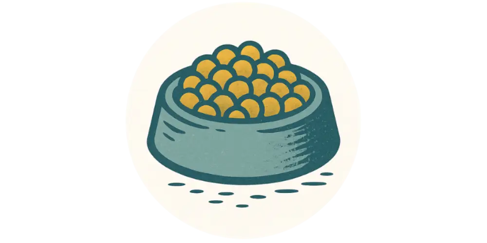 Pet food bowl filled with yellow natural dry dog food in teal blue color