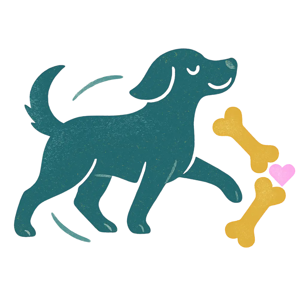 Teal dog with yellow bone and pink paw print sticker, supporting joint and mobility health