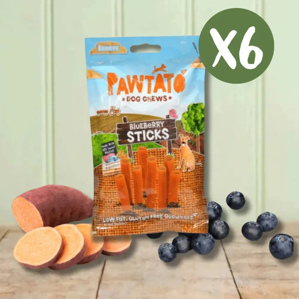Benevo Pawtato Blueberry Sticks vegan dog chews, low fat, gluten-free