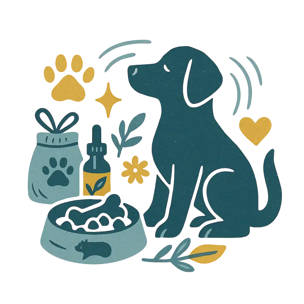 Blue dog treat jar with paw print design and leaf accents.