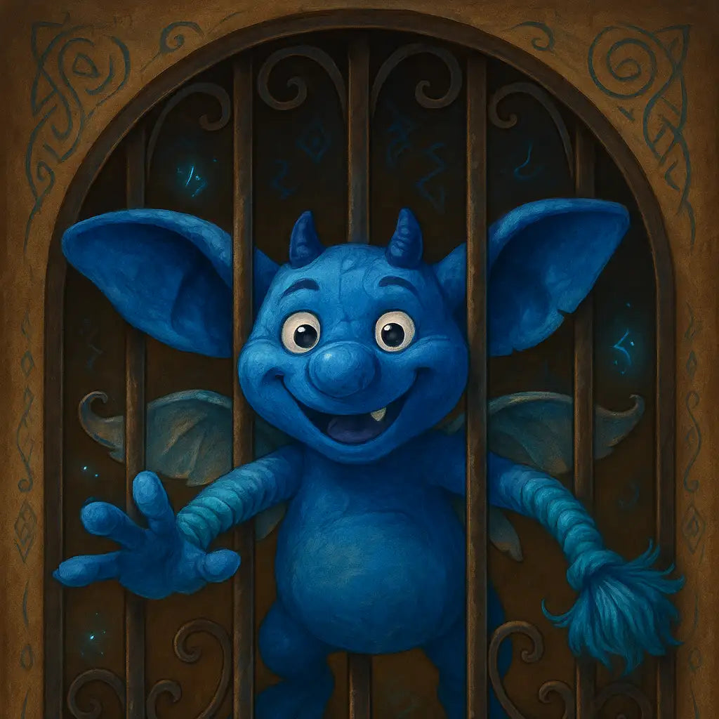 Blue dragon plush toy with horns and wings, sitting behind metal bars.