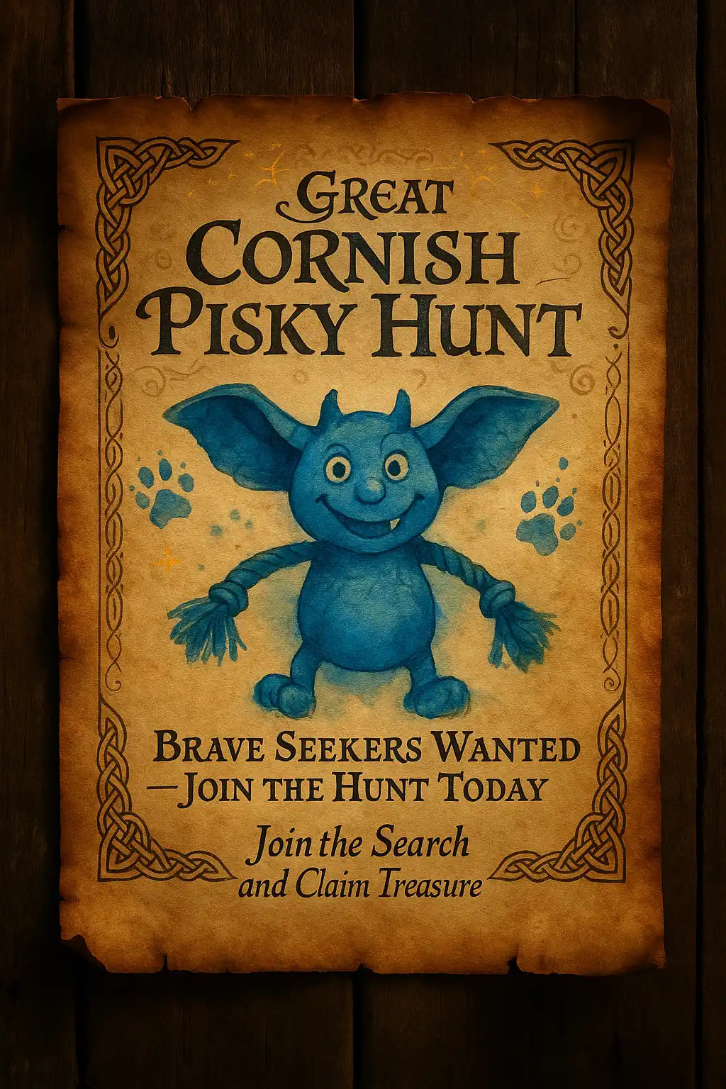 Blue pisky hunt poster with paw prints and celtic knot design