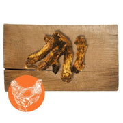 Chicken necks chew on wooden board with chicken silhouette for dogs