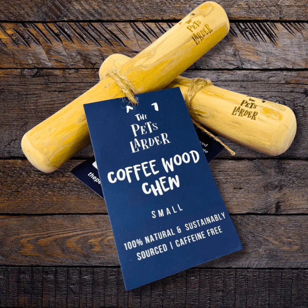 Small coffee wood dog chews, 100% natural, sustainably sourced, caffeine-free