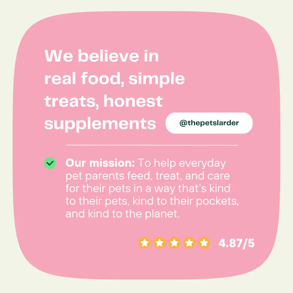 Pink pet food label with green checkmark and star rating for Cornish Kaolin Clay for Dogs digestive health