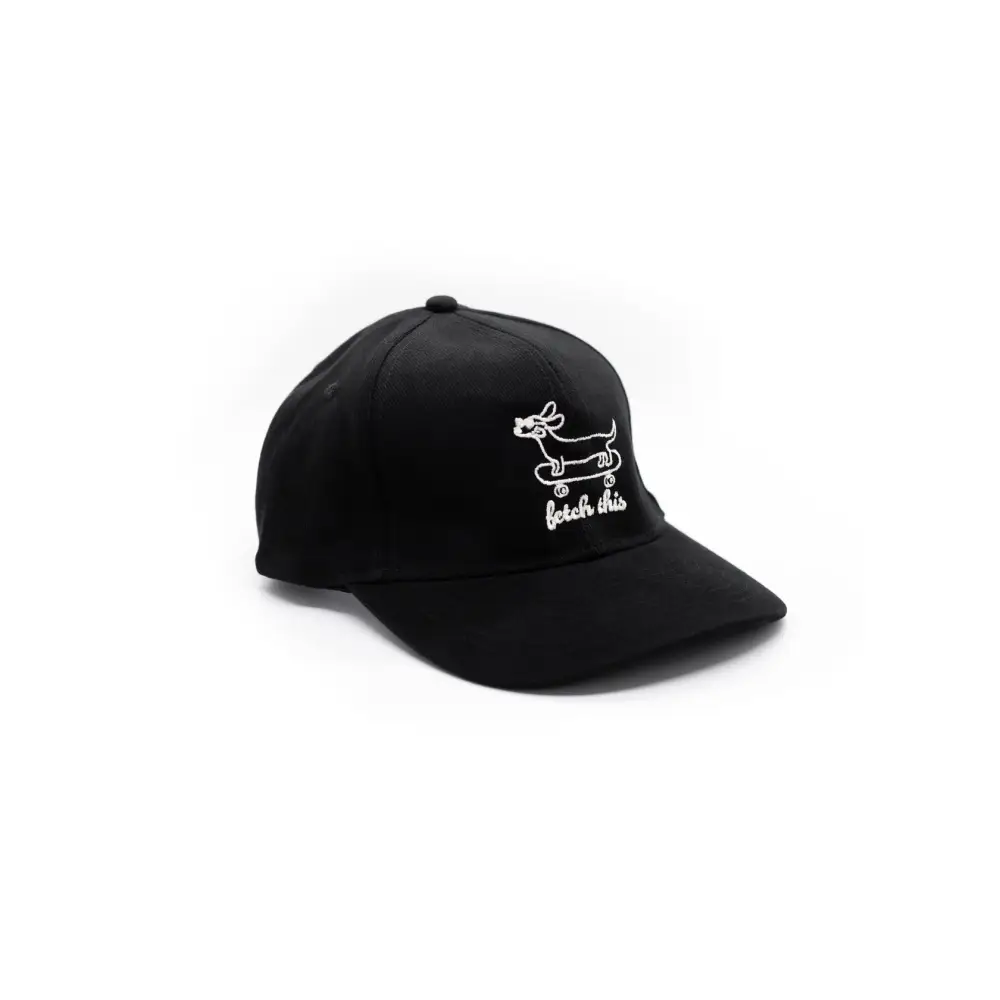 Black cotton cap with white dog design and text fetch this, stylish dog accessory