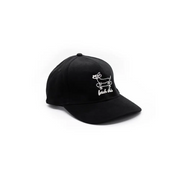 Black cotton cap with white dog design and text fetch this, stylish dog accessory