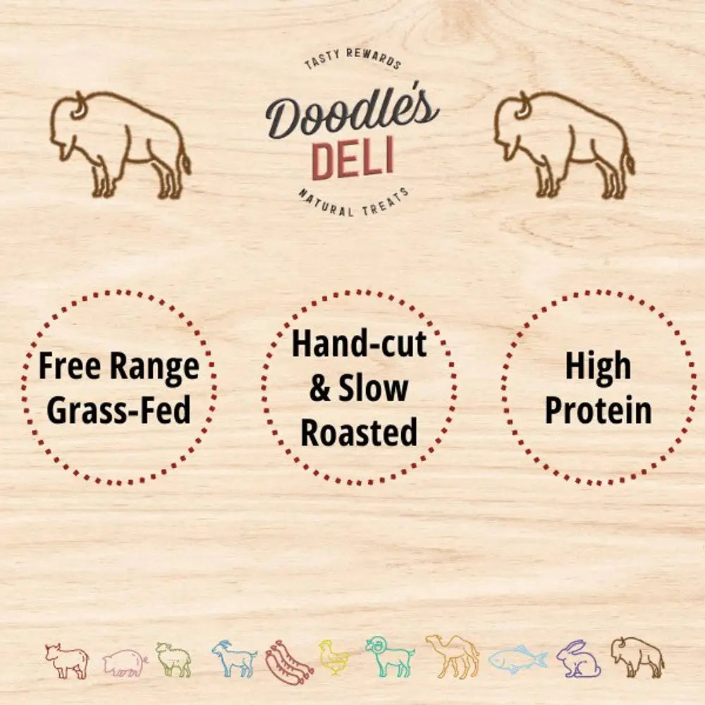 Doodles Deli wood sign with bison art and circles for water buffalo treats supporting strong muscles