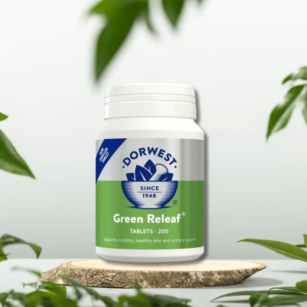 Dorwest Green Releaf supplement bottle with green leafy design