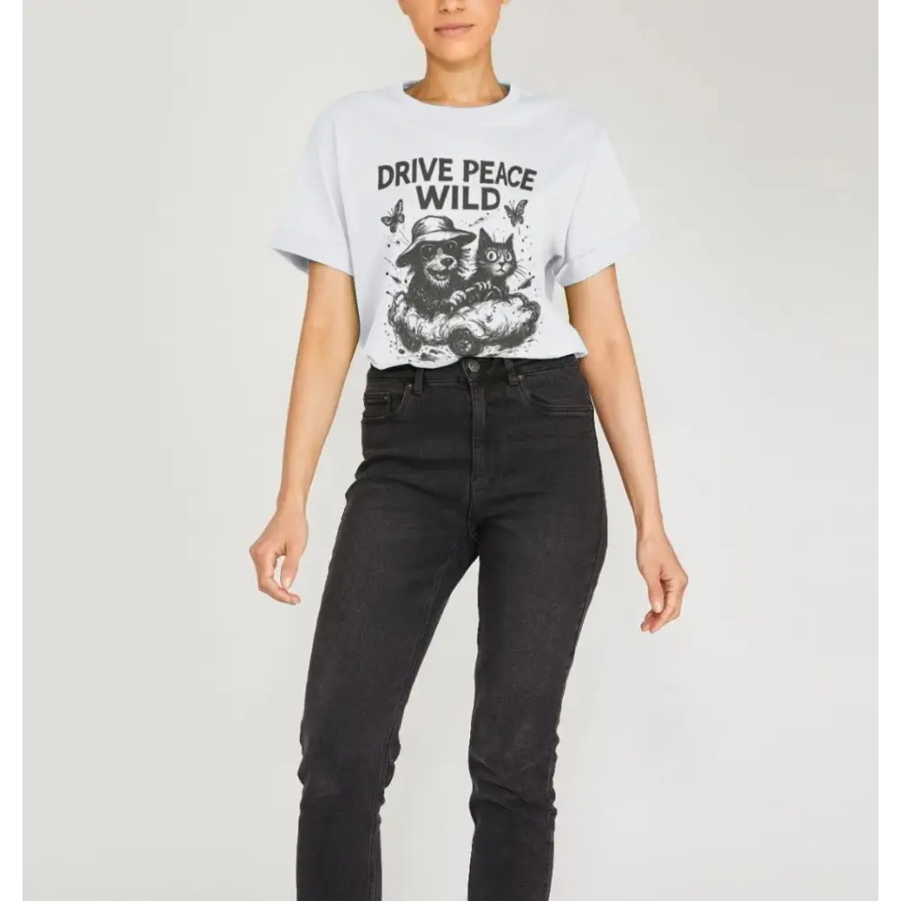White Drive Peace Wild organic cotton graphic tee with black jeans and hat