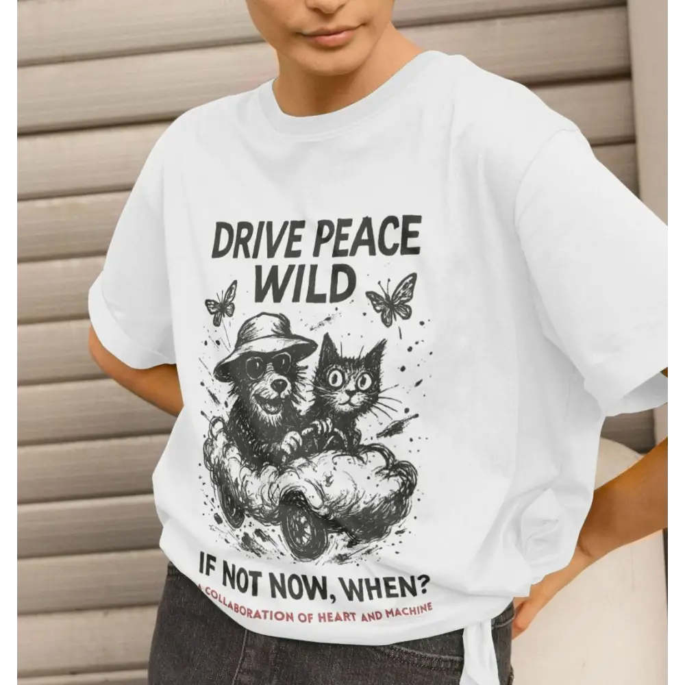 White organic cotton T-shirt with black raccoon and cat illustration and drive peace wild slogan