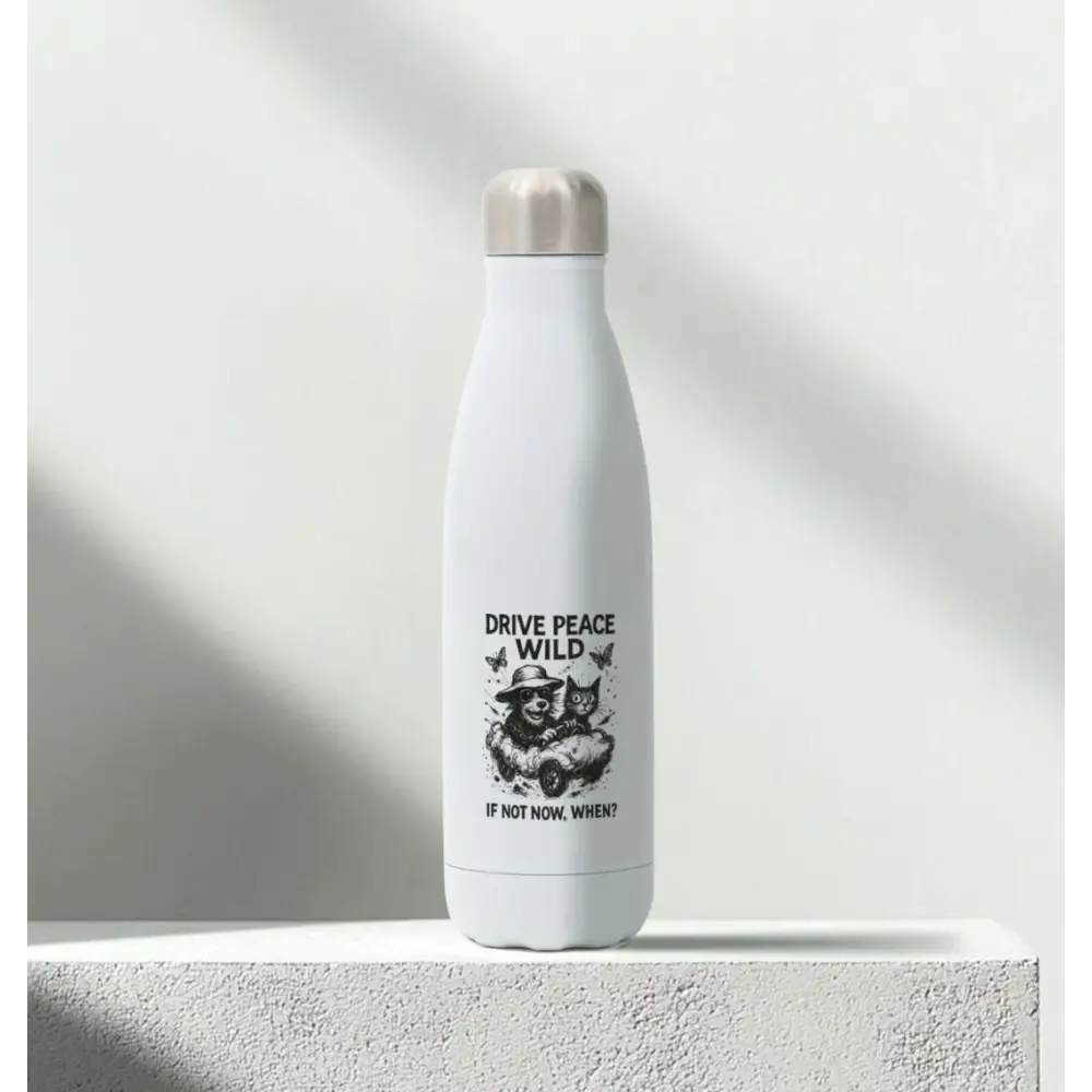 White stainless steel water bottle with black graphic design for Drive Peace Wild steel water bottle