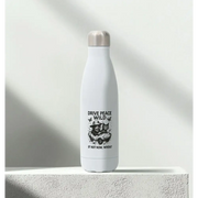 White stainless steel water bottle with black graphic design for Drive Peace Wild steel water bottle
