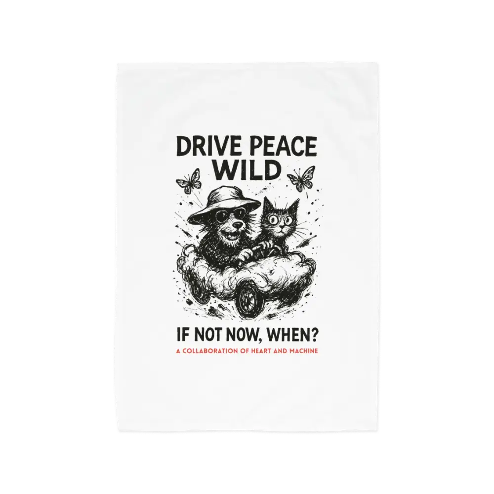 White organic cotton Drive Peace Wild Tee Towel with bear and cat graphic design