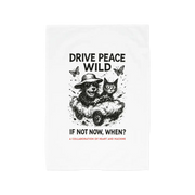 White organic cotton Drive Peace Wild Tee Towel with bear and cat graphic design