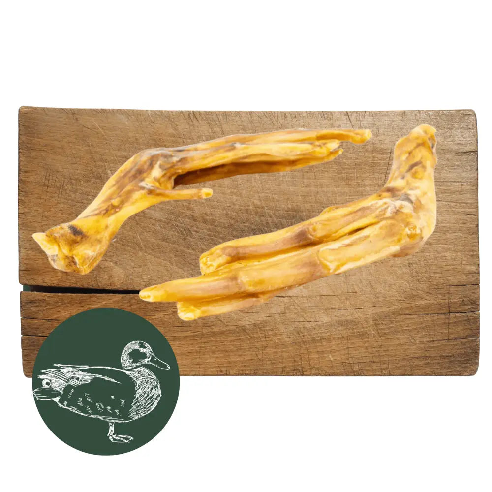 Duck feet natural dog chew: duck-shaped bone treat on wooden board with green background