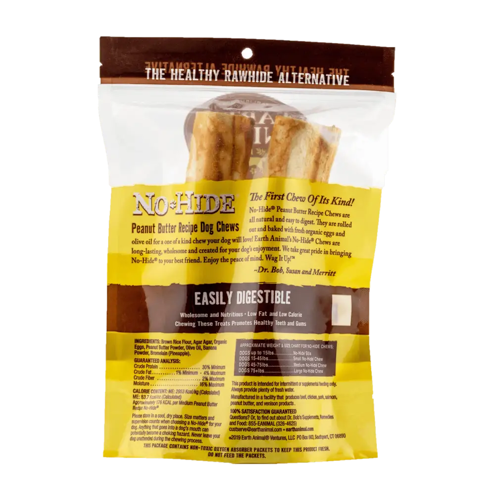 Earth Animal No-Hide peanut butter medium chews in brown packaging