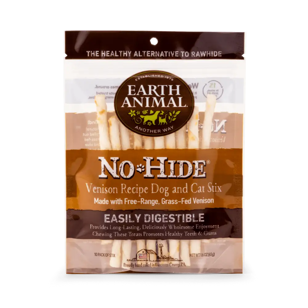 Earth Animal No-Hide Venison Stix for dogs and cats in a brown package