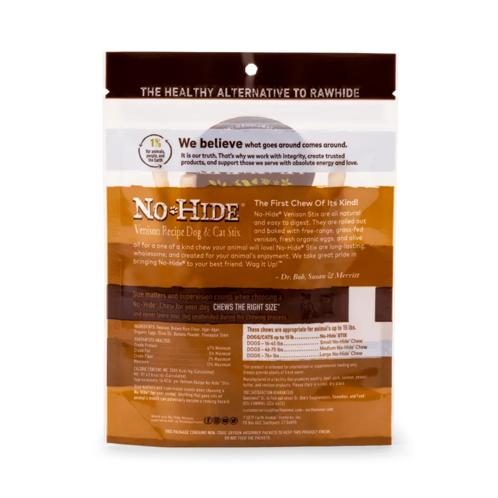 Earth Animal No-Hide Venison Stix chew toy in brown packaging with white text and green accents