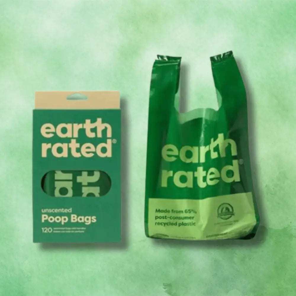 Earth Rated unscented poop bags in green recycled plastic packaging, 120 easy-tie handle bags