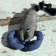 Eco-conscious lobster dog toy from recycled fabrics and plastic bottles