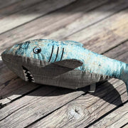 Eco-conscious shark dog toy made from recycled materials, blue-gray plush with white teeth