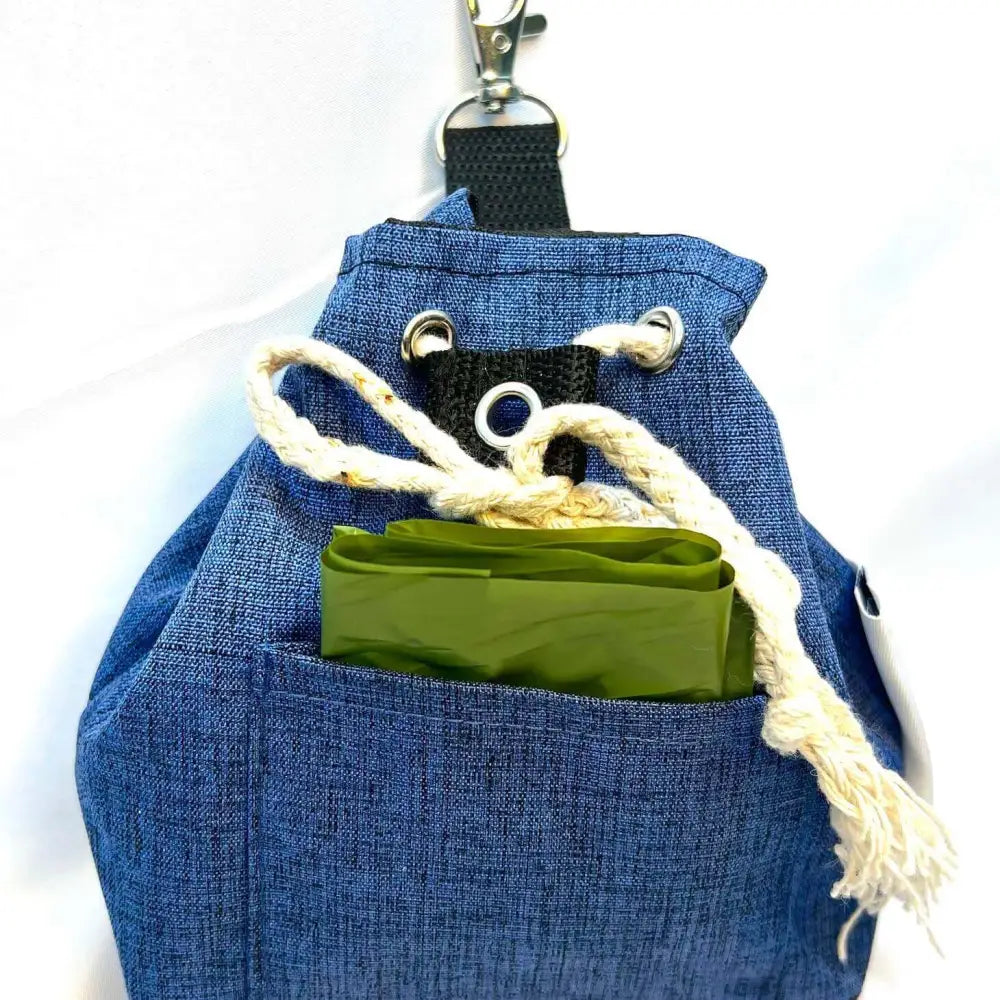 Eco treat bag made with recycled materials, blue denim with green lining