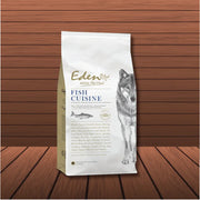 Eden 80/20 Fish Cuisine dog food bag with wolf illustration, green lipped mussel, coconut oil, trace elements