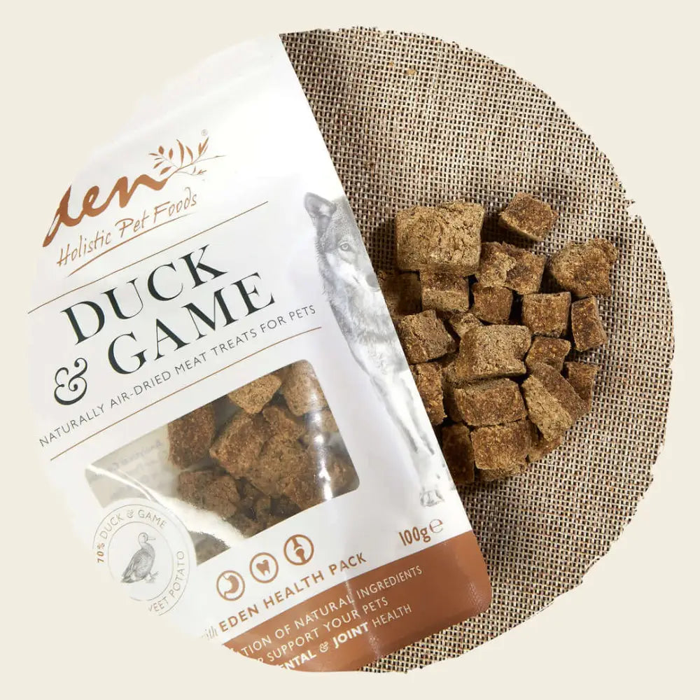 Eden Duck and Game Treat: naturally air-dried British duck cubes on burlap for digestive health