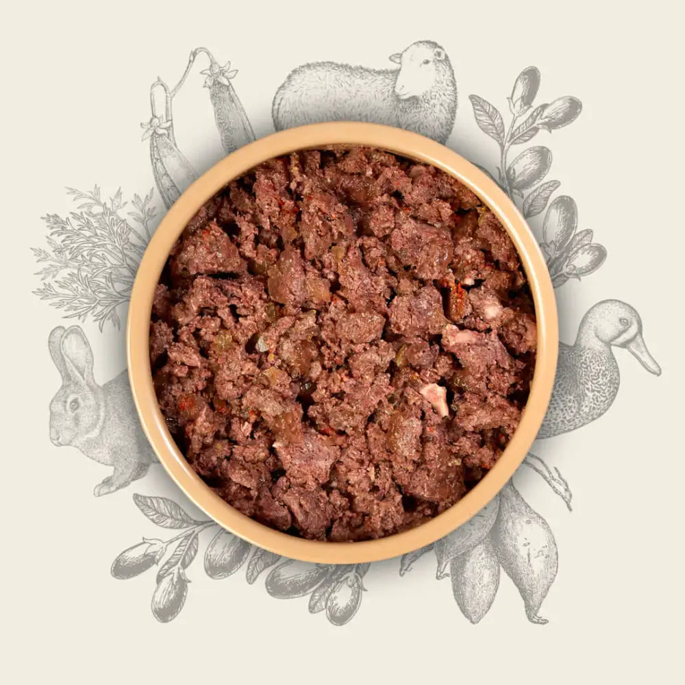 Eden wet food: brown bowl of ground grass-reared lamb with herbs and spices