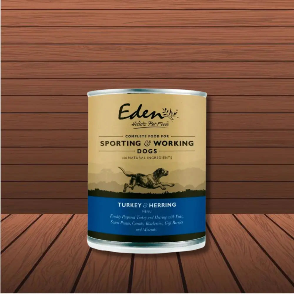 Eden wet food can with freshly prepared turkey and herring for dogs